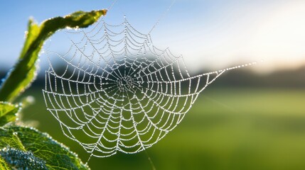 A spider web is shown in a field with a clear blue sky