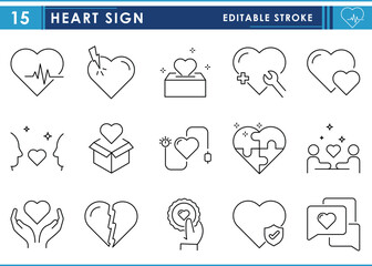Poster - A set of line icons related to Heart. Heartbeat, broken, stroke, love, health, donate, chat, lover, and so on. Vector editable stroke.