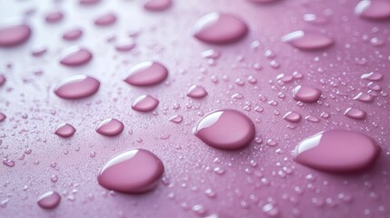 Poster - Water drops scattered a smooth light purple background showcasing a delicate dewy texture with realistic droplets forming abstract liquid bubbles against a pastel hue