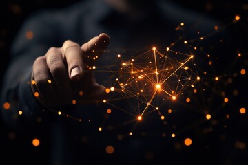 Hand interacting with glowing network.