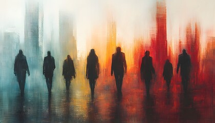 Poster - Silhouetted Figures Walking Towards a Colorful Urban Landscape at Dusk, Creating a Dreamy Atmosphere with Blurred Edges and Vibrant Hues of Red, Blue, and Yellow