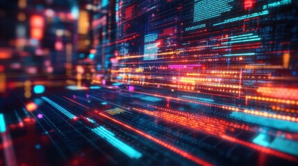 Poster - vibrant digital landscape showcasing flowing data streams with a futuristic city backdrop