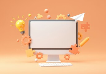 Poster - A 3D illustration of a white desktop monitor with a blank screen with various creative tools, including a light bulb, a paper airplane, a gear, and a puzzle piece