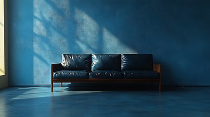 Wall Mural - Dark Blue Leather Sofa Against Textured Wall