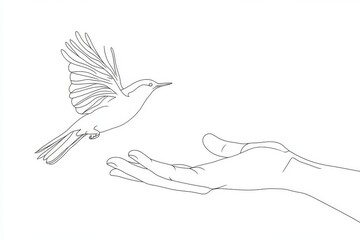 The bird perches on the human hand. A bird soars through the air. An open palm. A single continuous line drawing logo, a hand-drawn art doodle, isolated and minimal