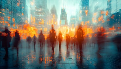 Poster - Abstract Urban Evening Scene with Silhouetted Figures and Blurred City Lights, Conveying a Sense of Movement and Energy in a Vibrant Metropolis Environment