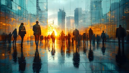Aufkleber - Urban Silhouettes at Sunset: People Walking Through a Glass Building with Reflections and Vibrant Colors in a Bustling Cityscape