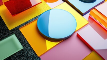 Poster - A colorful collage of shapes and squares with a blue circle in the middle