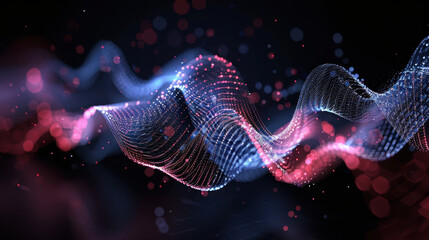 Poster - vibrant abstract representation of sound waves with glowing particles, showcasing blend of blue and red colors. dynamic flow creates sense of movement and energy