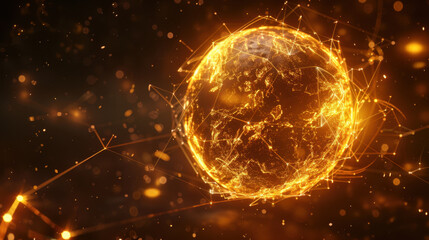 Poster - Glowing golden planet with intricate connections and particles, representing technology and innovation, set against dark background