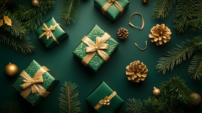 Christmas and New Year background with a green color scheme, space for text