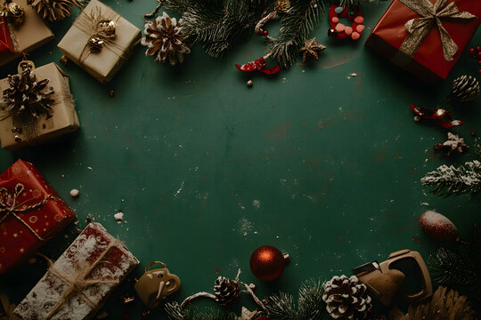 Christmas and New Year background with a green color scheme, space for text