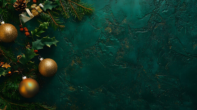 Christmas and New Year background with a green color scheme, space for text