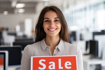 Smiling woman holds sale sign in bright modern office with many computers in the background