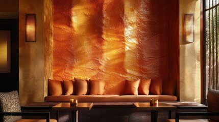 Poster - A room with a wall of orange and brown colors and a couch with orange pillows