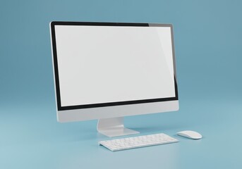 Poster - A 3D illustration of a modern white computer monitor with a blank screen accompanied by a minimalist keyboard and mouse set against a solid blue background