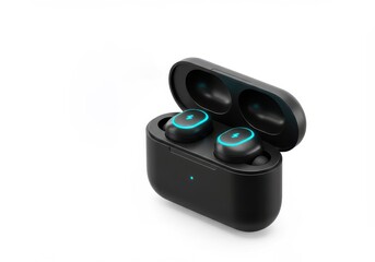 Fototapete - A 3D illustration of sleek black wireless earbuds with glowing blue accents, housed in an open charging case isolated on a white background