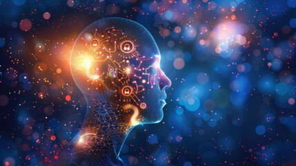 Poster - digital representation of human head with glowing circuits and lights, symbolizing artificial intelligence and technology. background features colorful bokeh effects, creating futuristic