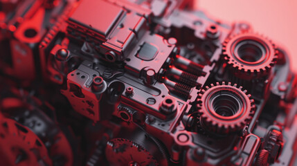 Poster - Close up of complex mechanical engine with red lighting, showcasing gears and intricate details. image highlights precision of engineering and design