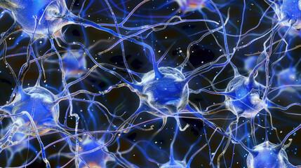 Poster - neurons in vibrant blue color, interconnected with intricate structures, showcasing complexity of ne
