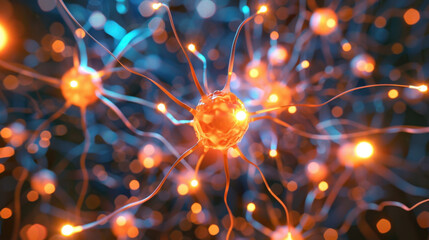 Poster - close up view of glowing neurons with intricate connections, showcasing vibrant colors and dynamic s