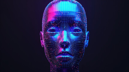 Poster - futuristic digital face with wireframe design, glowing in vibrant colors, representing technology and innovation. expression is neutral yet intriguing