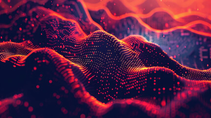 Poster - Digital landscape with glowing red and orange waves, representing data visualization and technology