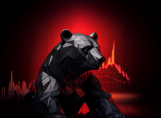 Aufkleber - A majestic, dark grey polygonal bear sits majestically against a fiery red background, hinting at financial market trends.  The bear's form is striking, set against a backdrop of stylized graphs.