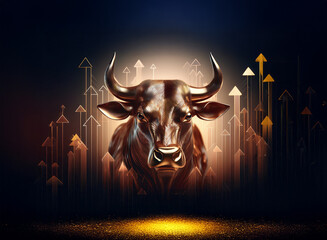 Leinwandbilder - A bronze bull, symbol of financial prosperity, is powerfully depicted amidst a surge of upward-pointing arrows, signifying growth and investment success.  Golden light illuminates the scene.