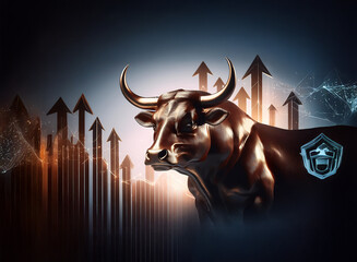 Poster - A bronze bull statue, symbol of financial growth, stands majestically against a backdrop of upward-trending arrows and a network graphic.  The scene suggests prosperity and investment security.