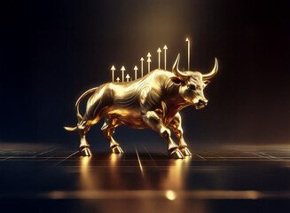 Poster - A powerful golden bull statue stands, illuminated, with upward-pointing golden arrows symbolizing financial growth and prosperity.  The dark background emphasizes the bull's majestic presence.