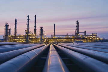 Poster - Industrial plant at dusk with glowing lights and pipes