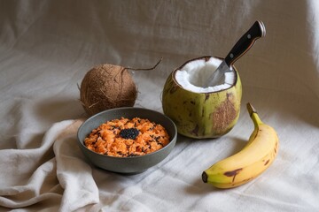 Poster - Coconut Rice Bowl With Banana And Knife