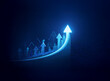 © YiuCheung - Glowing blue arrows ascend a curving line against a dark blue background, symbolizing growth, progress, and positive change in a digital world.