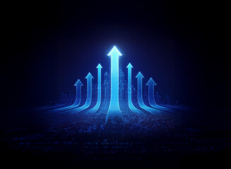 Aufkleber - Glowing blue arrows ascend from a dark, textured surface, symbolizing growth and upward trajectory.  The central arrow is largest and brightest, representing leadership or significant progress.