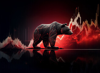 Aufkleber - A dark, stylized bear stands before a fiery red stock market graph, its reflection mirroring the scene.  The image evokes themes of financial risk and market volatility.