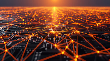 Poster - digital network with glowing orange connections on dark background, symbolizing technology and conne
