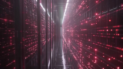 Poster - futuristic data center corridor illuminated by red lights, showcasing advanced technology and digital networks. atmosphere conveys sense of innovation and connectivity