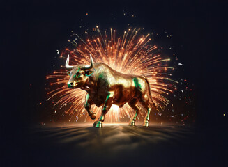 Poster - A golden bull statue, powerfully poised, stands before a vibrant fireworks display, symbolizing strength, prosperity, and celebration.