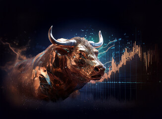 Poster - A majestic bronze bull, symbol of financial strength, is powerfully depicted against a backdrop of dynamic stock market charts and energy.  The image conveys growth, power, and investment.