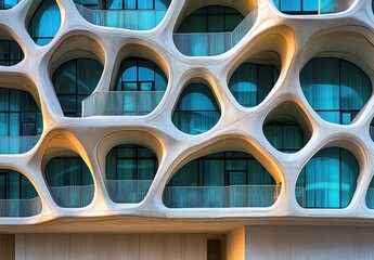 Aufkleber - Modern Architectural Design Featuring Unique Curvilinear Patterns and Glass Balconies in a Contemporary Building with Textured Facade and Artistic Elements
