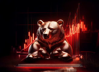 Aufkleber - A bronze bear statue sits majestically against a backdrop of a dynamic, red stock market graph, suggesting market downturn or bearish trend.