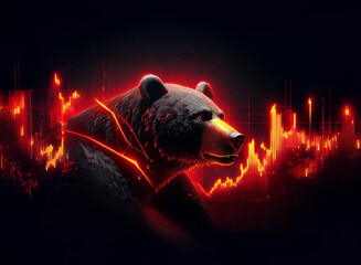 Aufkleber - A powerful black bear, rendered in 3D, stands against a backdrop of fiery red and orange stock market charts, symbolizing bearish market trends.  The glowing lines suggest volatility and intense marke