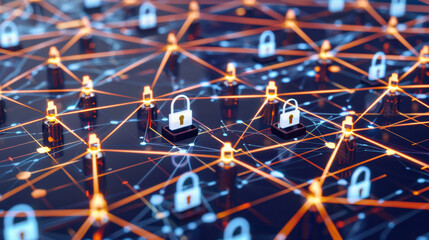 Poster - Secure network connections with digital locks representing cybersecurity. image illustrates complex web of interconnected nodes, emphasizing data protection and privacy