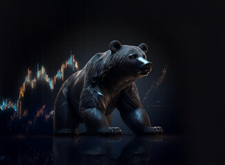 Aufkleber - A powerful black bear, rendered in a crystalline style, stands before a dynamic stock market graph.  The image evokes themes of market volatility and financial strength.