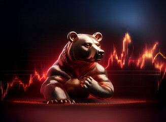 Aufkleber - A powerful bronze bear statue, powerfully built, sits against a backdrop of a fiery red and orange stock market graph, symbolizing a bearish market trend.