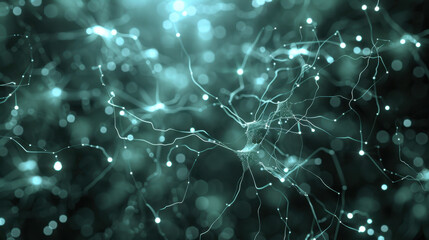 Poster - close up view of interconnected neurons with glowing synapses, representing neural networks and comm