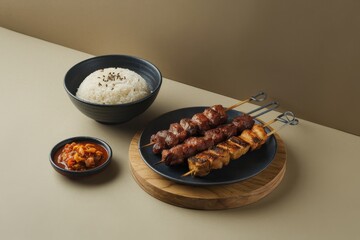 Sticker - Grilled Meat Skewers Served with Rice and Sauce