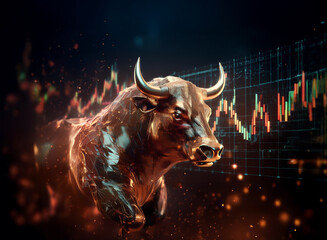 Poster - A bronze bull, symbol of a bullish market, charges forward against a backdrop of dynamic stock market charts and fiery embers, representing growth and financial strength.