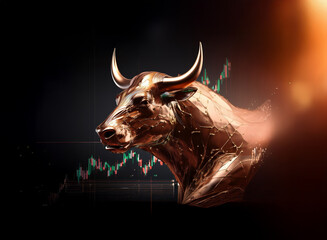 Poster - A bronze bull, symbolic of financial markets, stands against a dark background overlaid with a rising stock chart, suggesting market growth and prosperity.